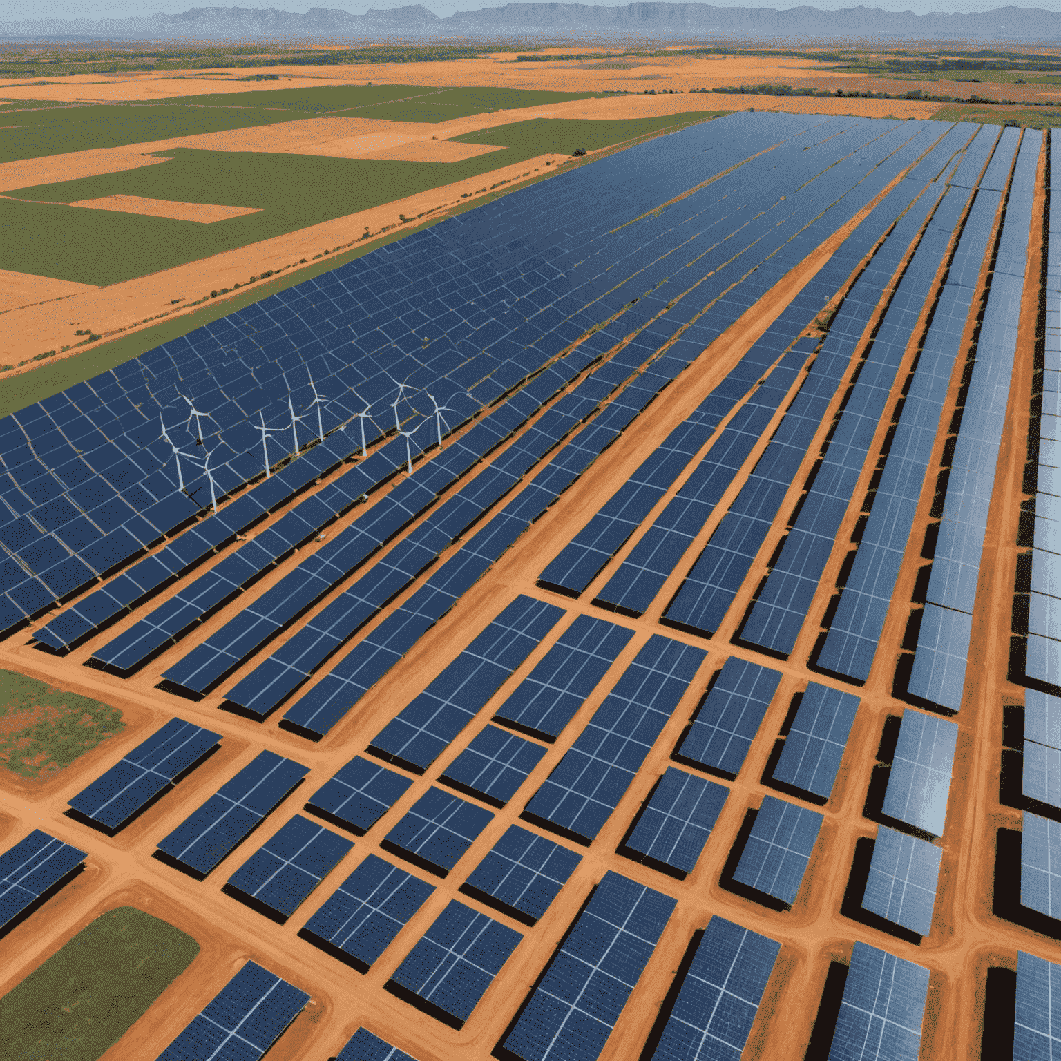 Aerial view of a large solar panel farm in the South African landscape, with wind turbines visible in the background