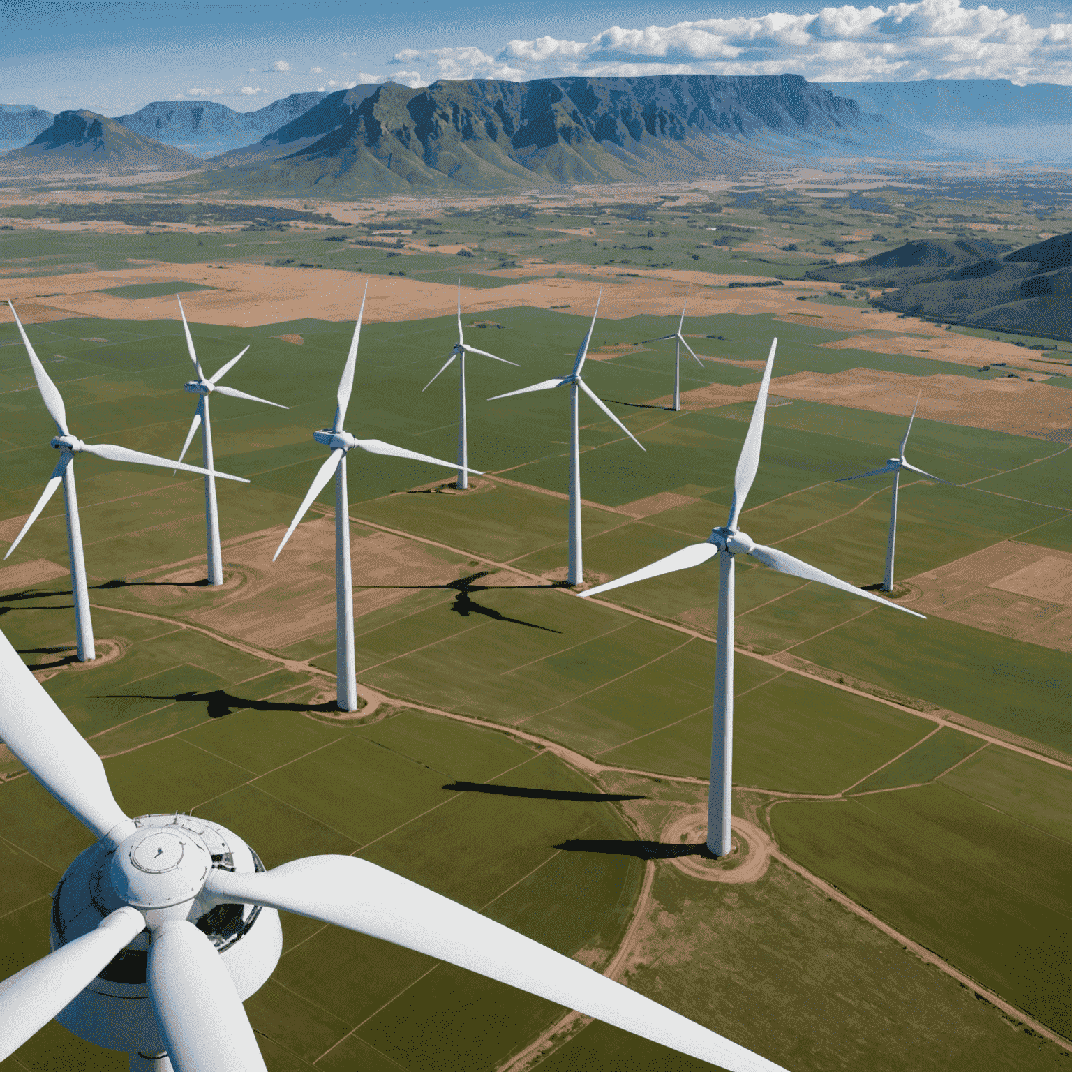 Aerial view of a large wind farm in South Africa, showcasing multiple wind turbines spread across a vast landscape with mountains in the background