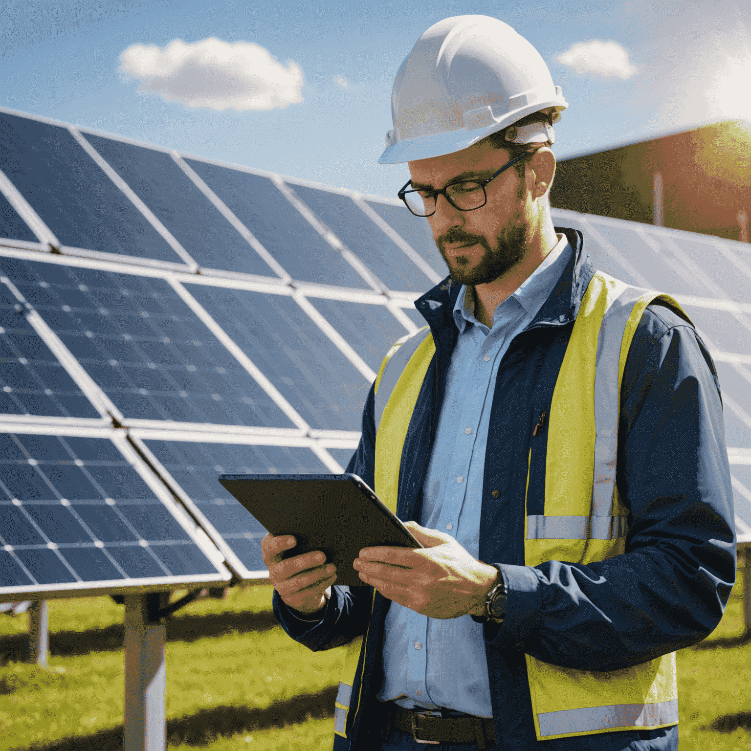 Energy efficiency consultant analyzing data on a tablet while standing in front of solar panels