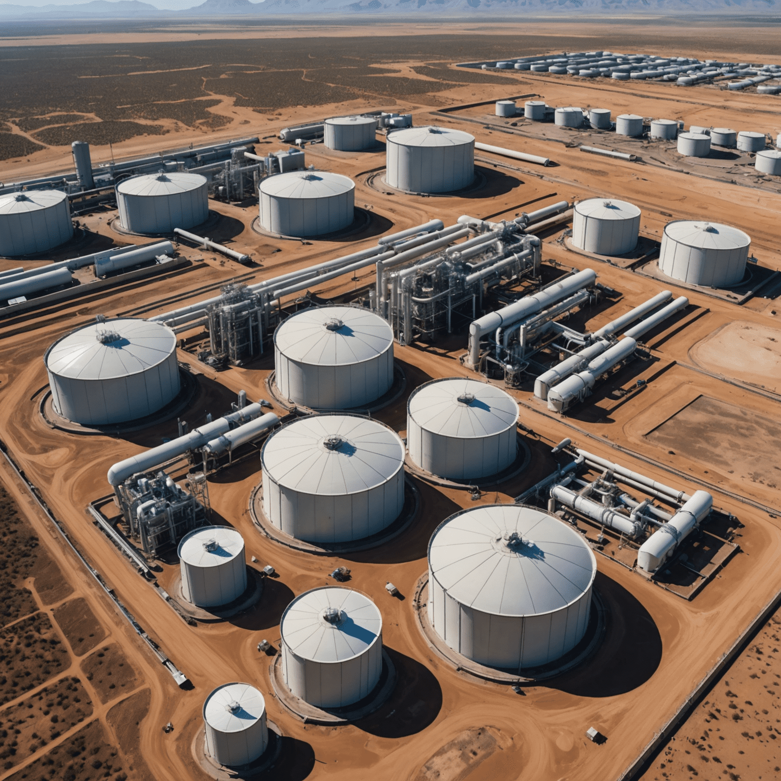 Aerial view of a large water treatment facility in South Africa, showcasing various tanks, filtration systems, and pipelines against a backdrop of arid landscape