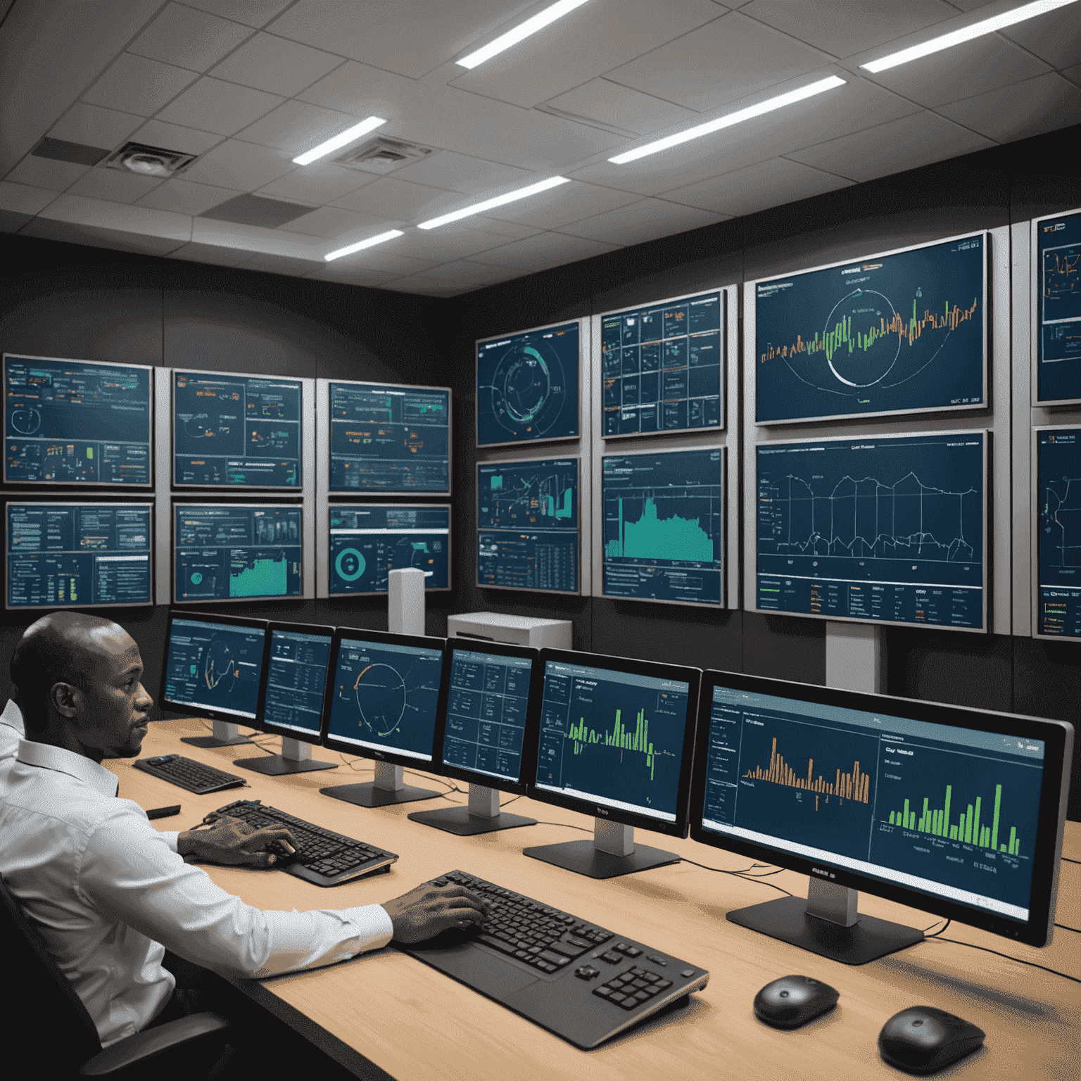 Advanced smart grid control center with multiple screens displaying real-time energy distribution data across South Africa