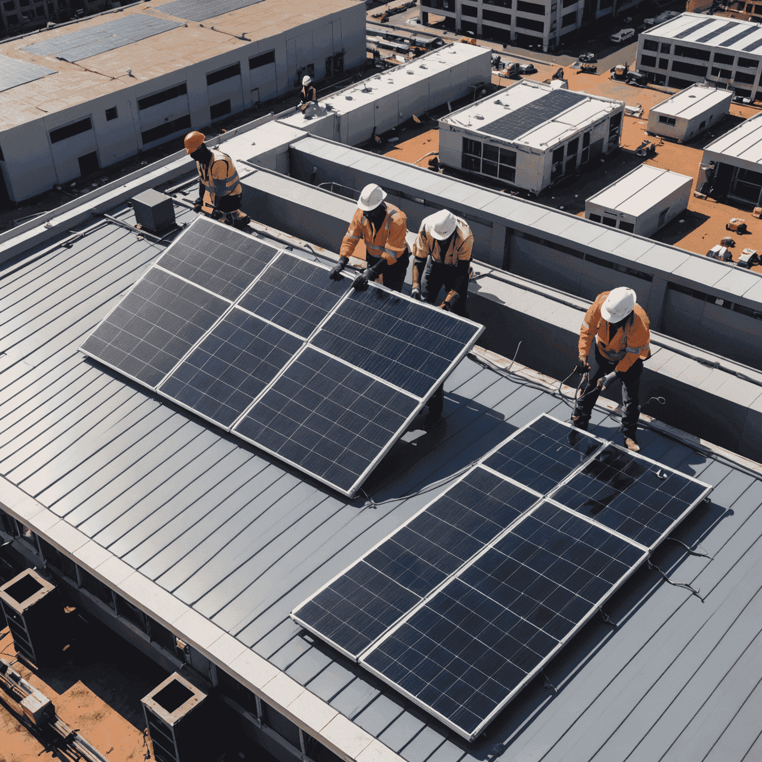 Workers installing solar panels on the roof of a large public building in a South African city