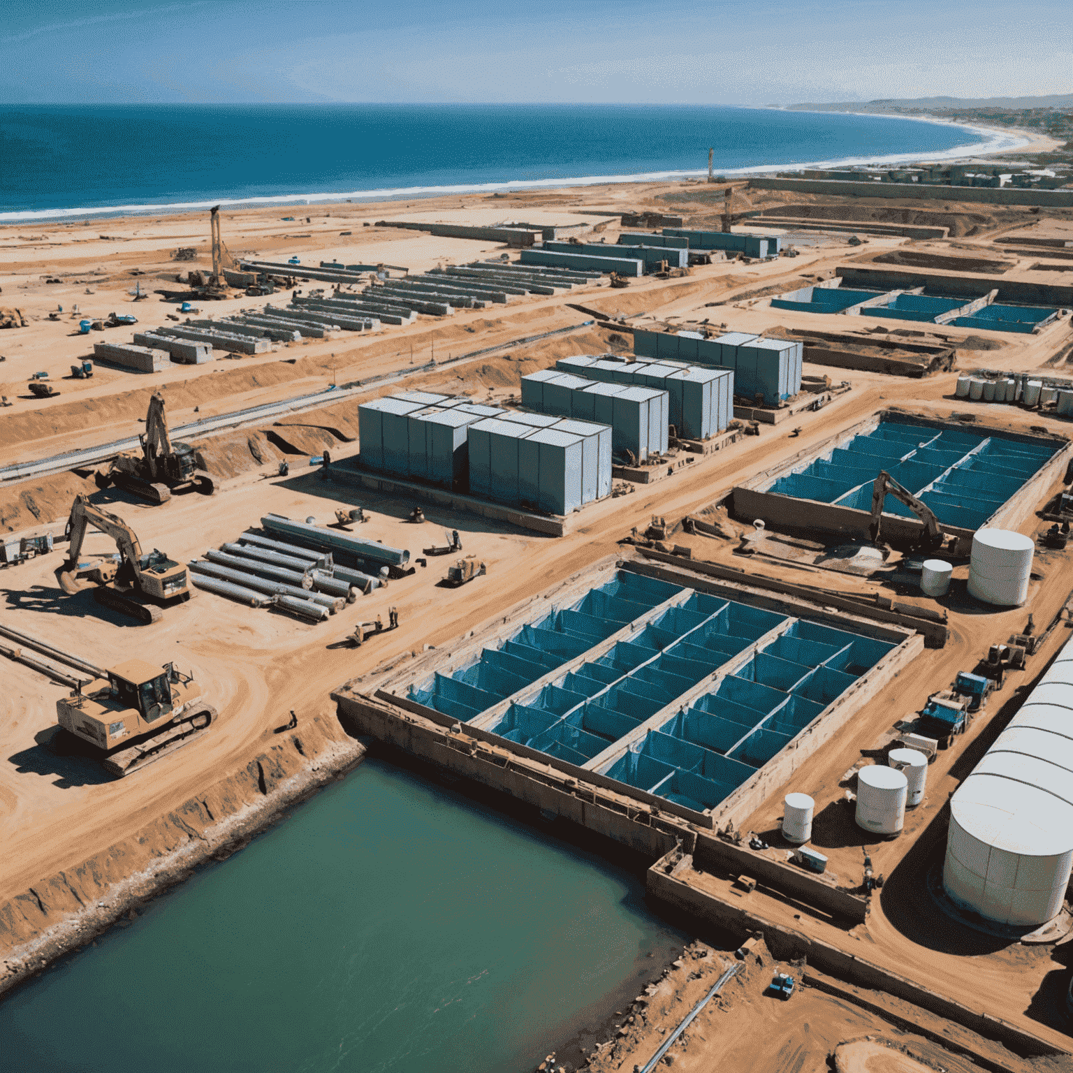 Construction site of a new desalination plant on the coast of South Africa, with workers and heavy machinery visible