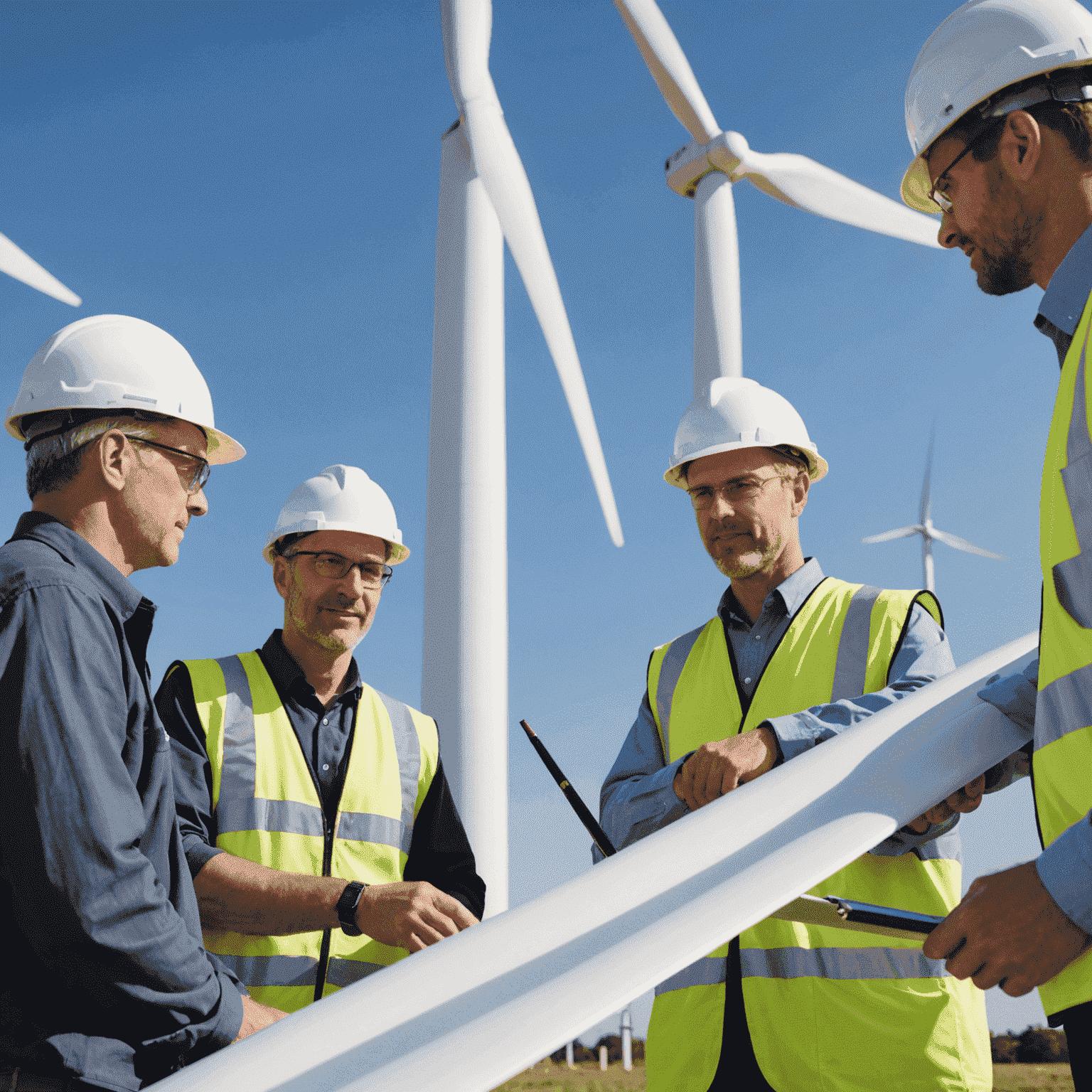 Close-up of wind turbine blades with a team of engineers discussing plans, showcasing the technical expertise involved in wind power projects