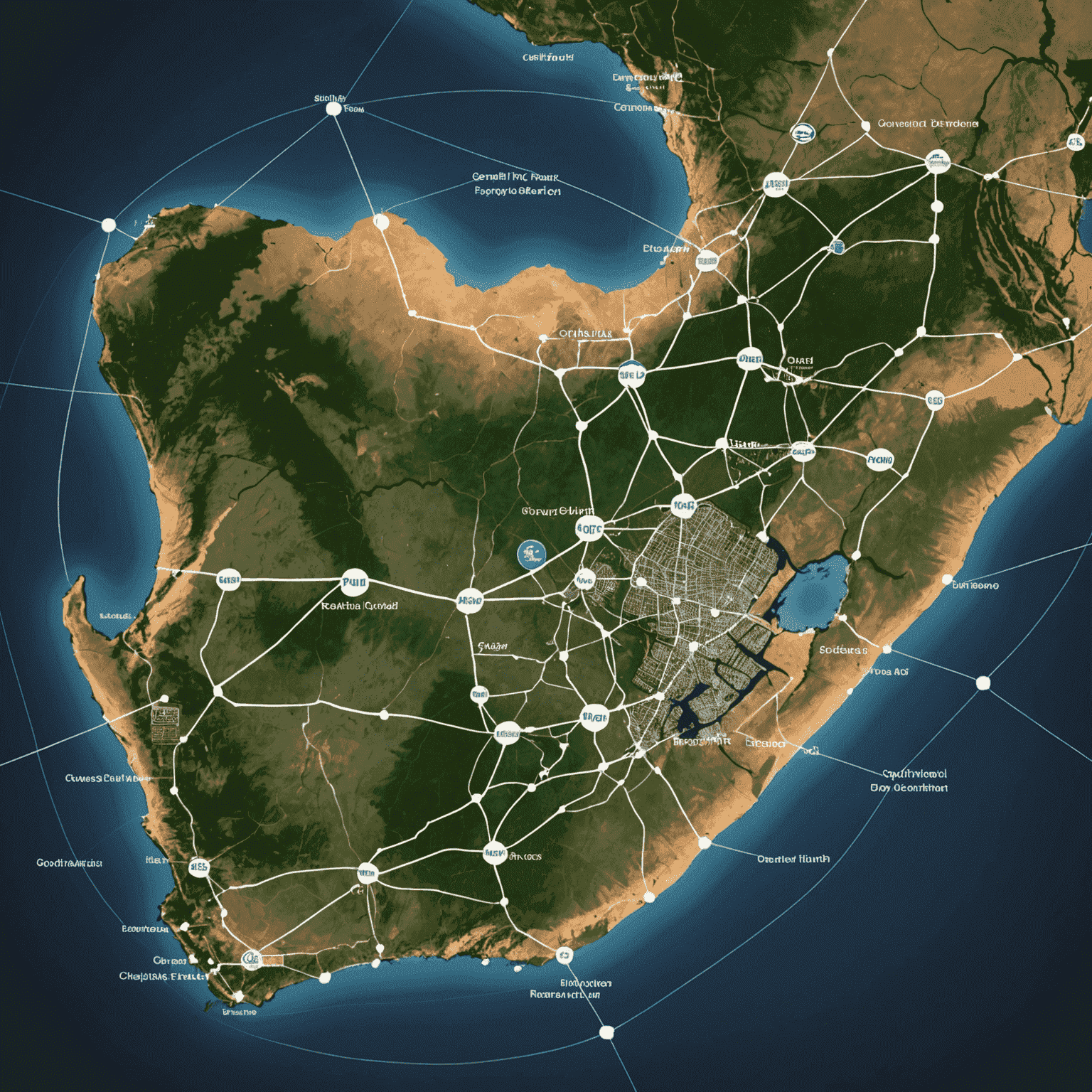 Map of South Africa showing a network of smart grid connections, highlighting major cities and renewable energy sources