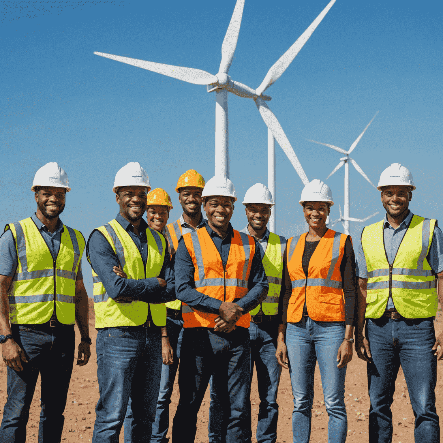 A diverse group of smiling South African employees in hard hats and safety vests standing in front of a newly completed wind turbine